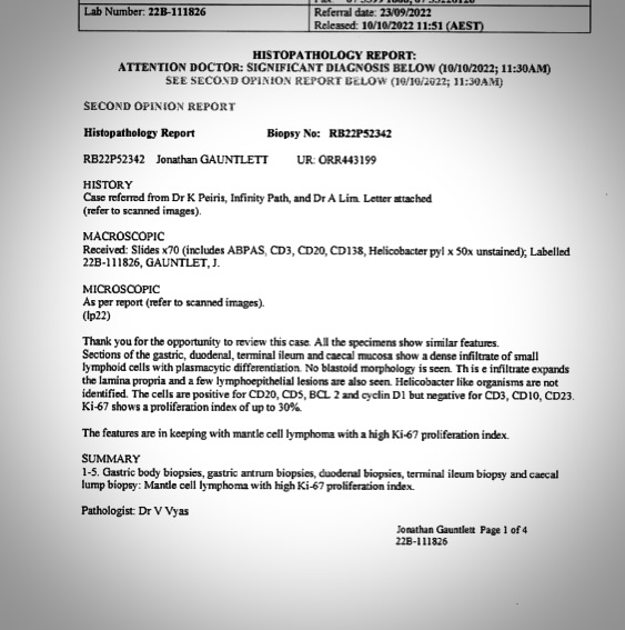 This is my diagnosis report. I received it three days after the phone call telling me I had cancer.