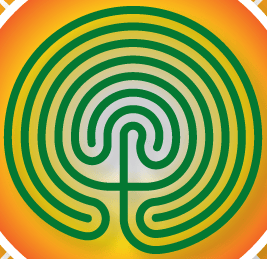 A circular maze design featuring concentric green lines on a gradient orange background, resembling a tree or plant.